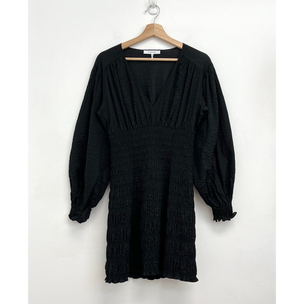 FRAME V-Neck Textured Smocked Blouson Puff Sleeves Mini Dress XS - Picture 2 of 15